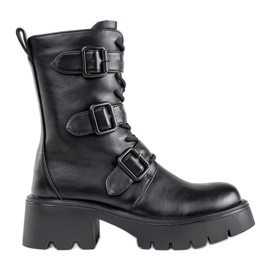 Höga svarta arbetarstövlar för kvinnor med spännen