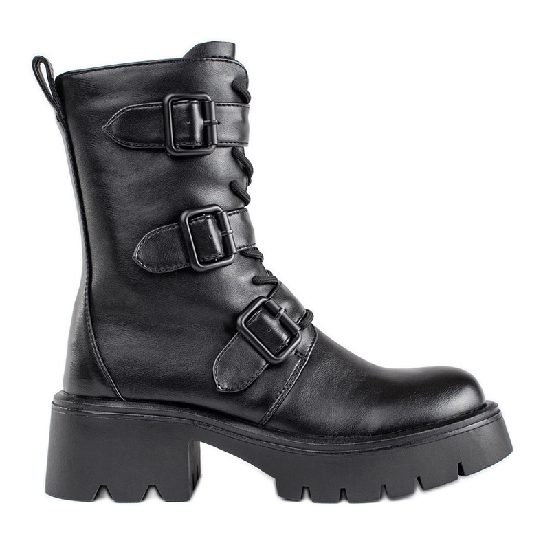 Höga svarta arbetarstövlar för kvinnor med spännen
