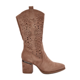 Genombrutna cowboystövlar för kvinnor på höga klackar Eco Mocka Beige S.Barski HY42-028