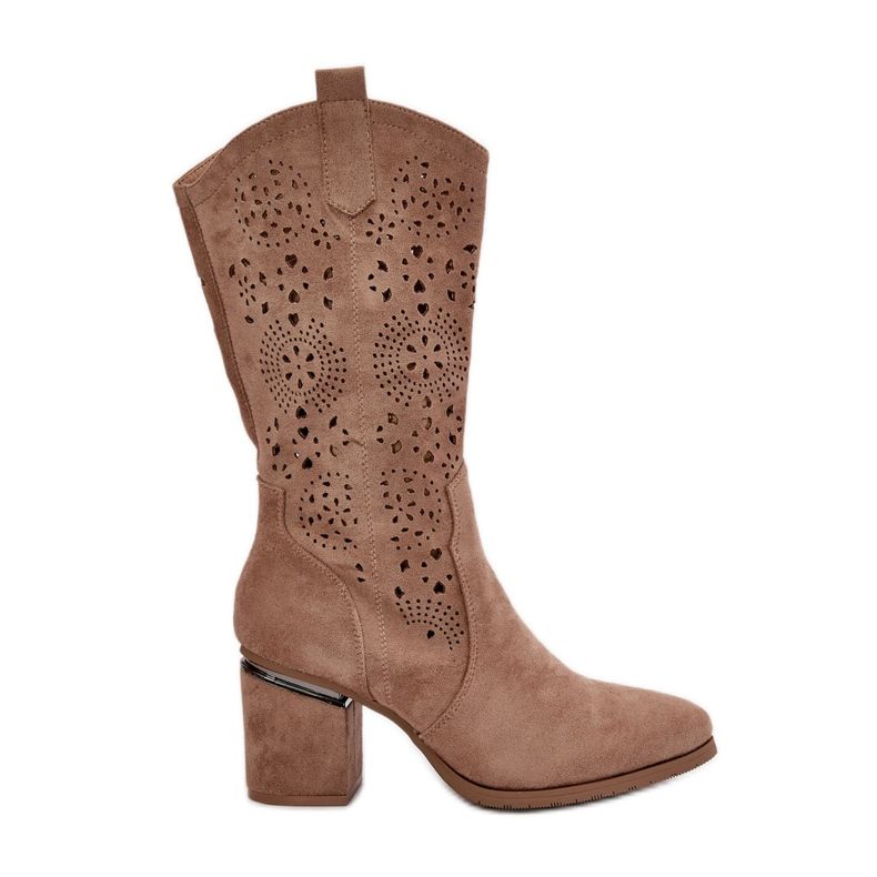 Genombrutna cowboystövlar för kvinnor på höga klackar Eco Mocka Beige S.Barski HY42-028