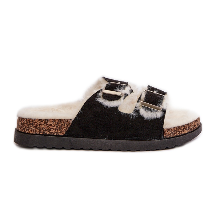 Damtofflor Flip-flops med spännen och päls, svart Ezilena