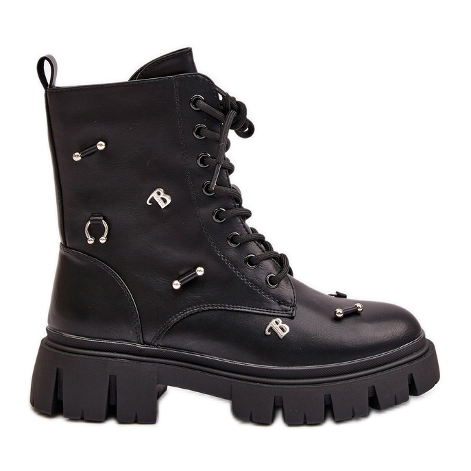 Arbetarstövlar för kvinnor med dekorationer, ekologiskt läder, svart cadenilla