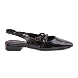 Lackläderbalettlägenheter med remmar på låga klackar, svart bialettia