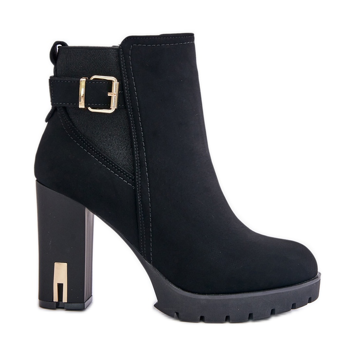 Damstövlar med guldspänne på hög klack, isolerade svarta Erilanes