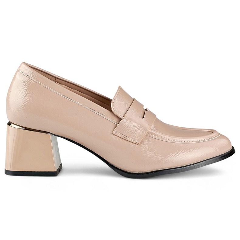 Patentbeige skor med låg, bekväm klack, eleganta beige pumps