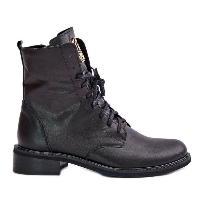 Zazoo 2955 Worker Boots i läder med gulddetalj på tungan, svart