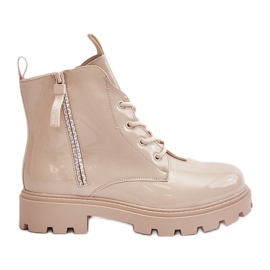 Kvinnors patentarbetarstövlar, isolerade, med beige inskriptioner, Zinfreya