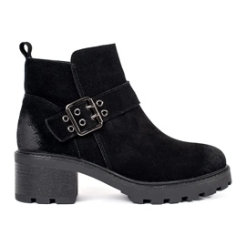 Svarta högklackade ankelstövlar för kvinnor gjorda av naturligt nubuckläder med ett dekorativt spänne från Sergio Leone