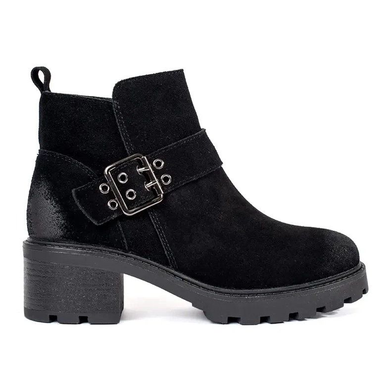 Svarta högklackade ankelstövlar för kvinnor gjorda av naturligt nubuckläder med ett dekorativt spänne från Sergio Leone