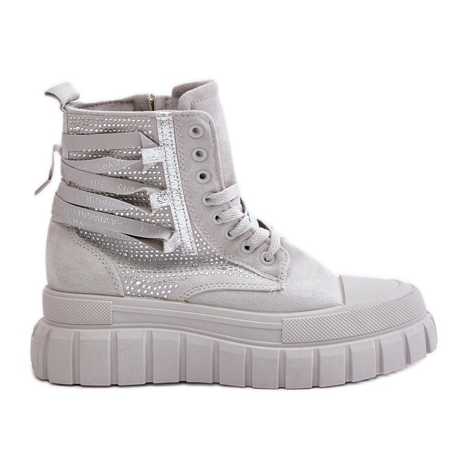 Höga sneakers för kvinnor på en massiv plattform med dekoration, grå Zaidria