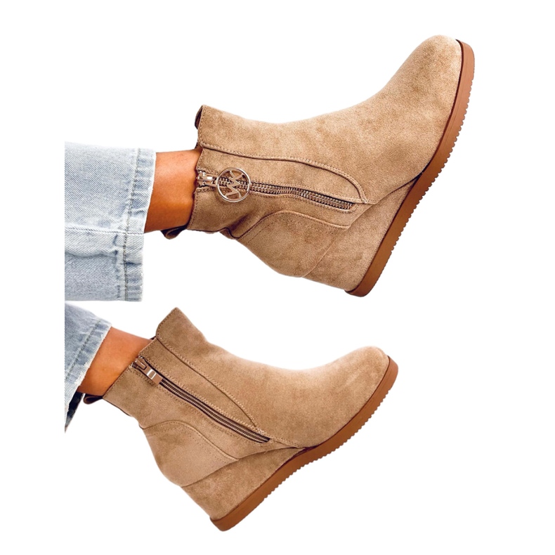 Khaki wedge ankelboots med gulddragkedja beige