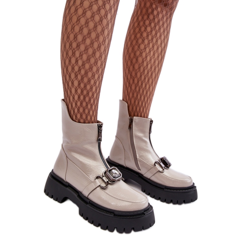 Platta stövlar för kvinnor Ljusgrå Lack