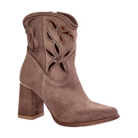 Lewski Mörkbeige högklackade ankelstövlar för kvinnor med genombruten ovandel