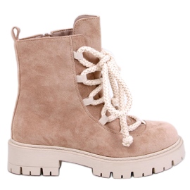 Smiless Khaki ankelboots med snörning och tjocka snören beige