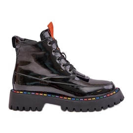Svart Anafra Läder Patent Worker Stövlar med dragkedja
