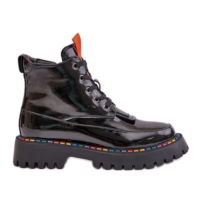 Svart Anafra Läder Patent Worker Stövlar med dragkedja