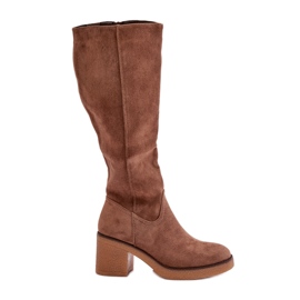 Jezzi Isolerade eko-mocka stövlar med hög klack över knäet, brun Leamirael