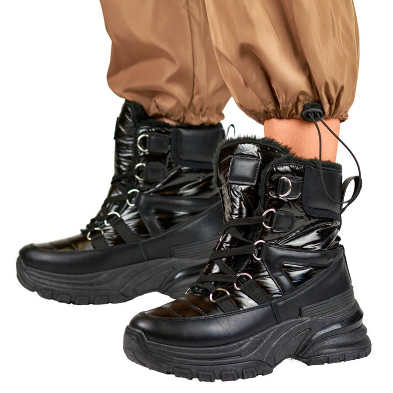 Snöskor för kvinnor, blanka svarta stövlar 22-PY16061B