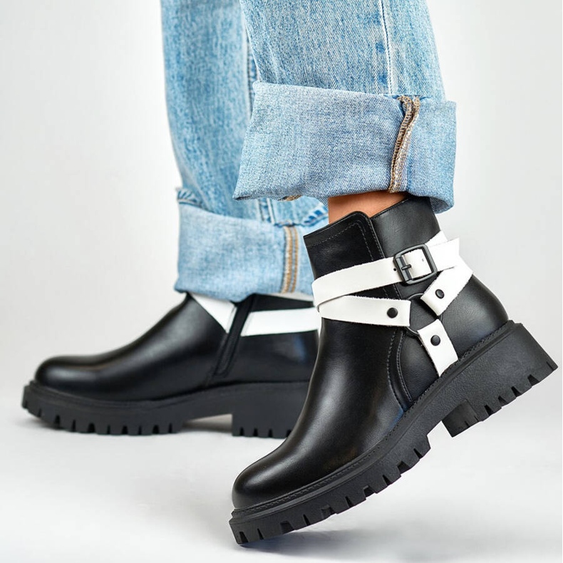 Isolerade arbetsstövlar för kvinnor med remmar, svarta 250043BW-PU vit