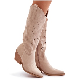 Over-the-knee cowboyboots med genombrutet mönster, ljusbeige Innathoria