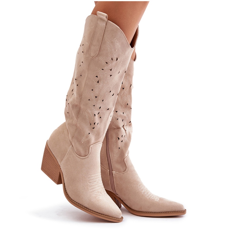 Over-the-knee cowboyboots med genombrutet mönster, ljusbeige Innathoria