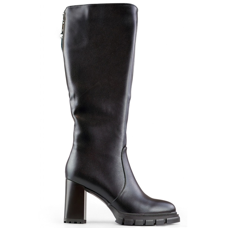 Svarta knähöga stövlar med höga klackar, isolerade damstövlar med klack, eko-läder
