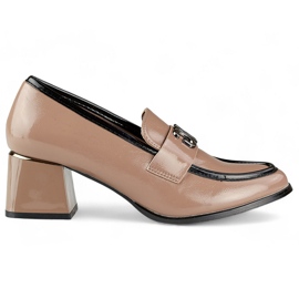 Beige patent lågklackade skor, dam högklackat pumps