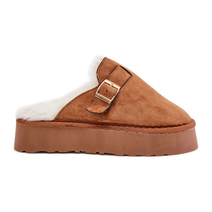 Damtofflor På Tjock Sula Med Päls Och Spänne Camel Linneola brun
