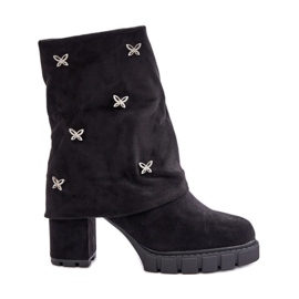 Dekorerade ankelboots med uppvikt ovandel på hög klack, Black Esadora svart