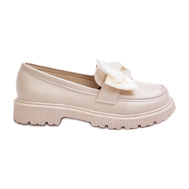 Vinceza Beige Eco-lädermockasiner för flickor med rosett Avallesa