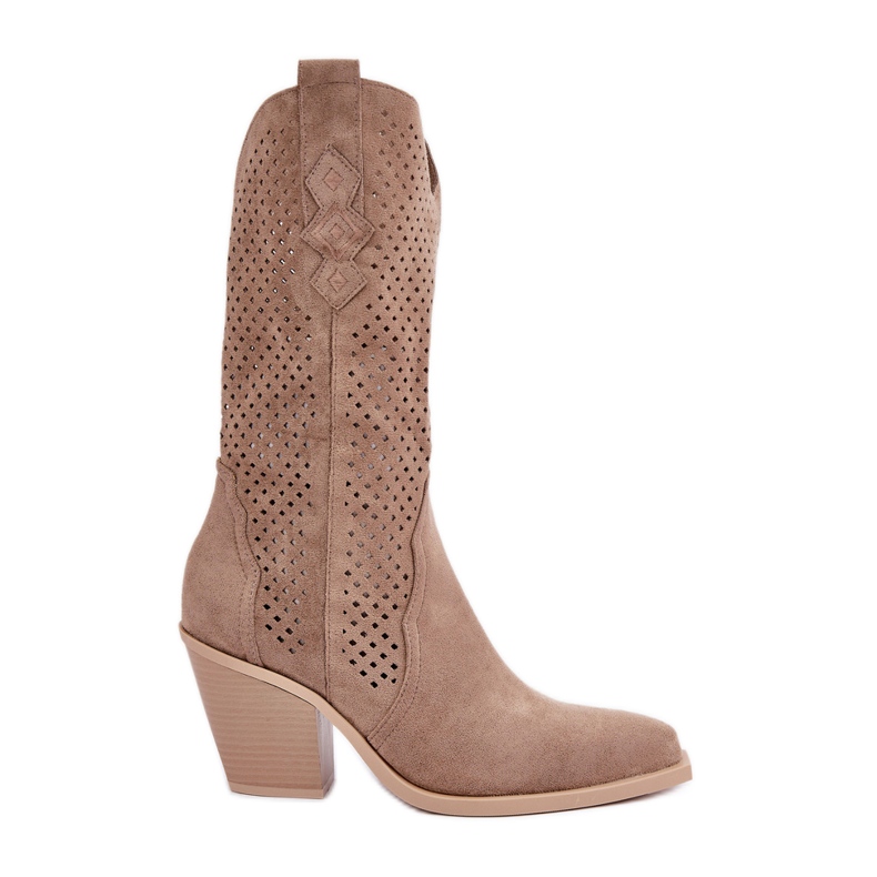 Genombrutna cowboystövlar på hög klack, mörkbeige