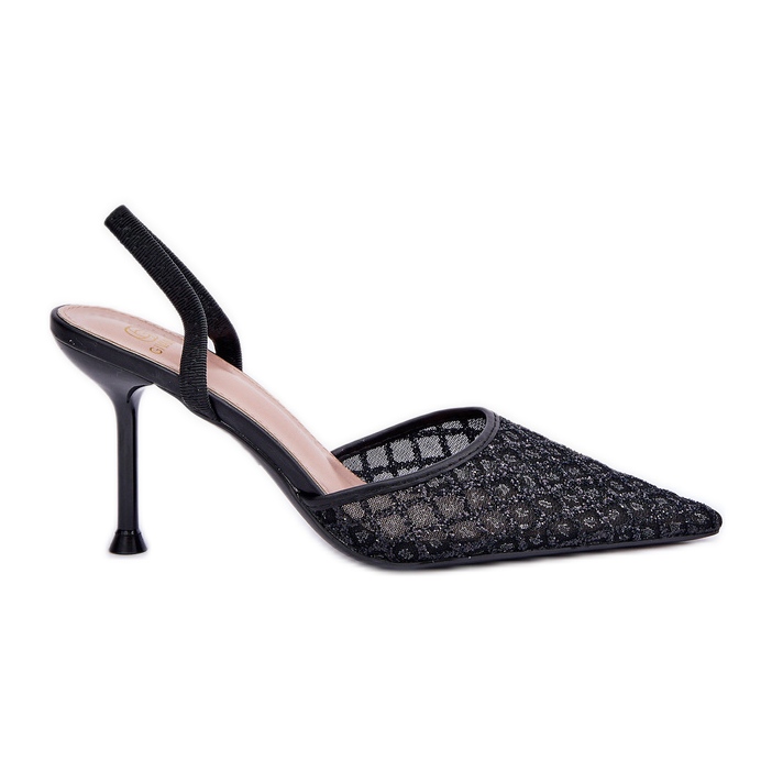 Högklackat med öppen klack dekorerad med svart glitter