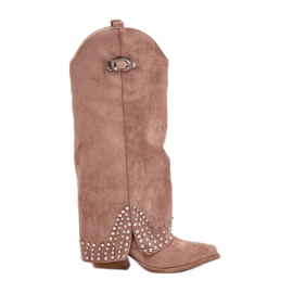 Mörkbeige stövlar med uppvikt ovandel på hög klack