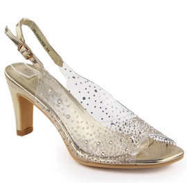 Genomskinliga högklackade sandaler för kvinnor med guld zirkoner Potocki WS43317 gyllene