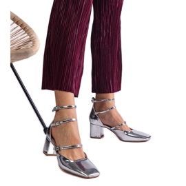 Silverpumpar lackade på ett stolpe med spännen