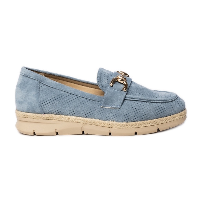 Perforerade kvinnors loafers med en blå dekoration