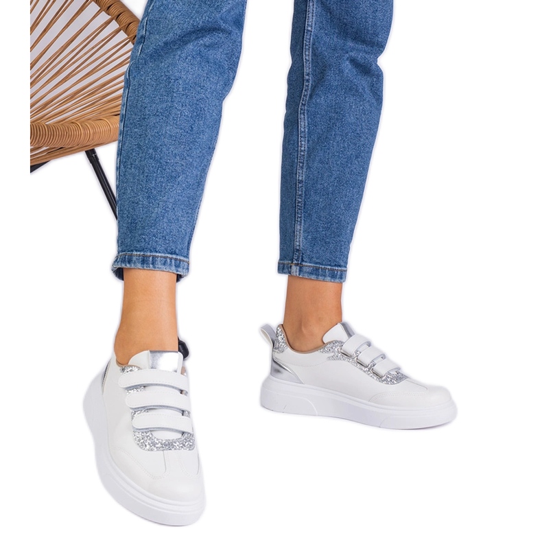 Kvinnors vita och silver sneakers för kardborrborrd dekorerade med glitter