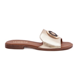 Lewski Shoes Läder flip flops med platt -hacked Lewski złote gyllene