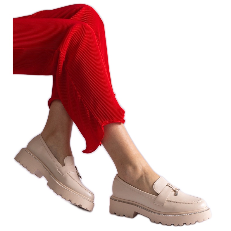 Beige Eco -Leather Loafers dekorerade med zirkoner