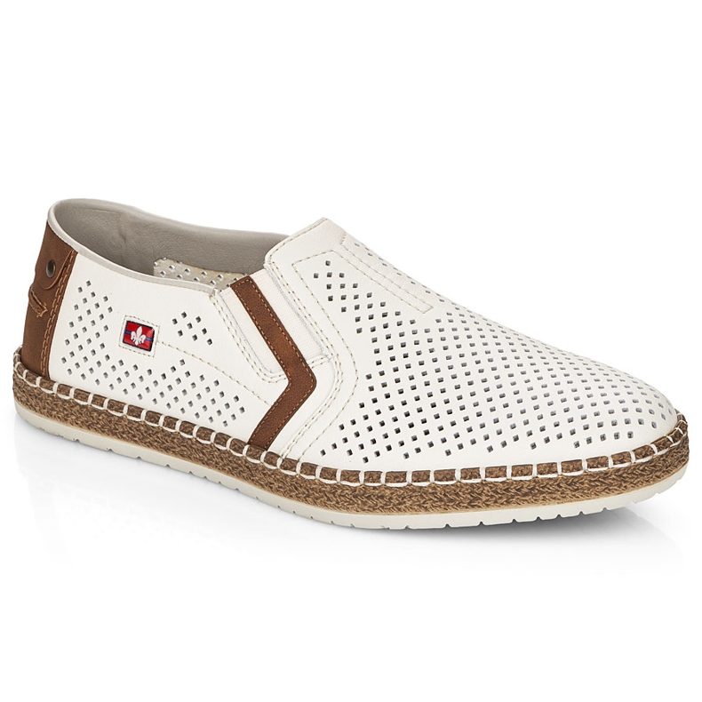 Mäns Openwork Leather Shoes, White Rieker B5297-80 vit