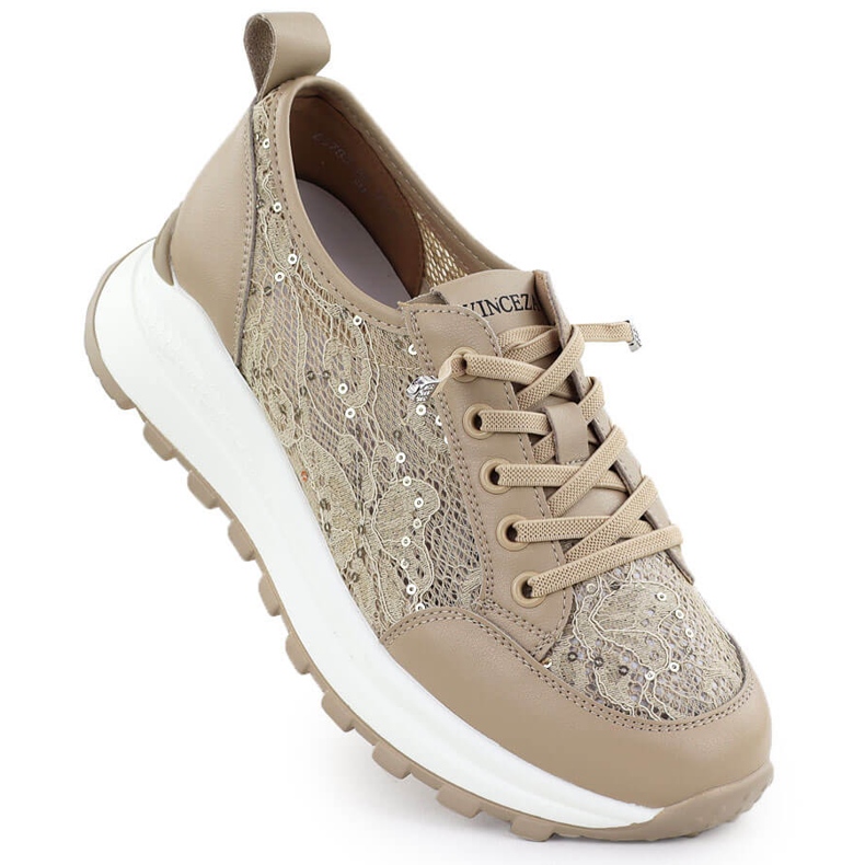 Kvinnors skor sneakers med spets beige vinceza 66783