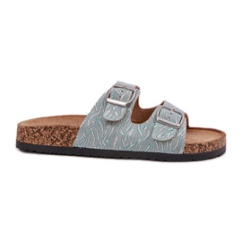 Materialflip -flops på en korksula med mynta spännen grön