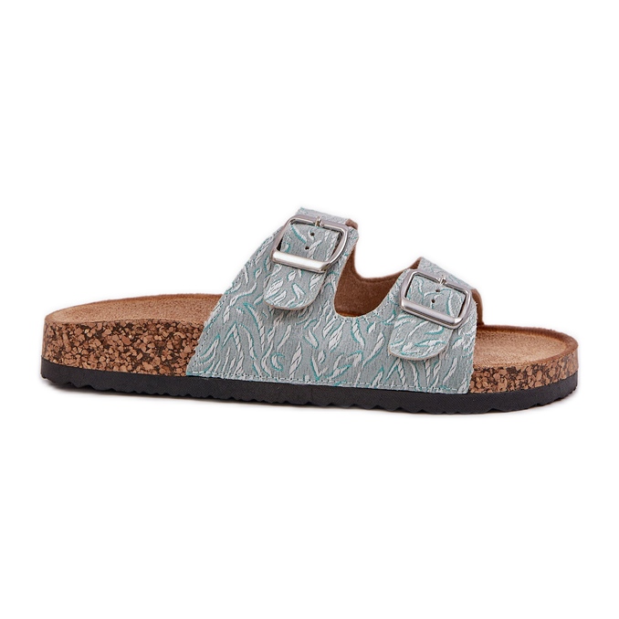 Materialflip -flops på en korksula med mynta spännen grön
