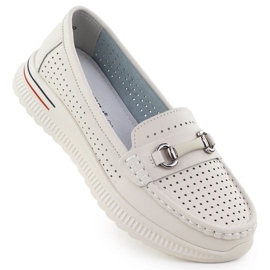 Openwork Leather Shoes, Beige Loafers Vinceza 95331