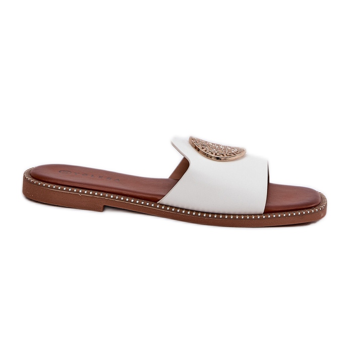 Eco Leather Flat -Heeled Flip Flops med en vit dekoration