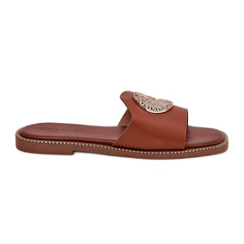 Eco Leather Flat -Heeled Flip Flops with Camel Decoration brun