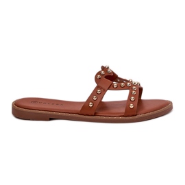 Dekorerad platt kamelkvinnor flip flops brun