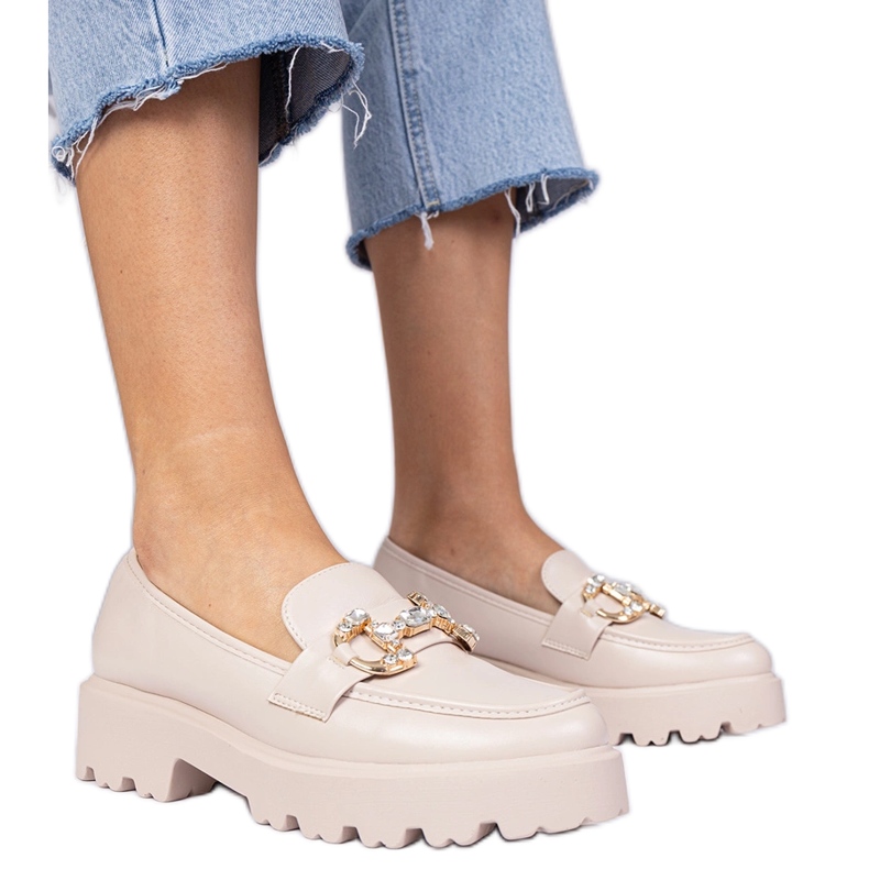 Beige eleganta loafers med zirkoner
