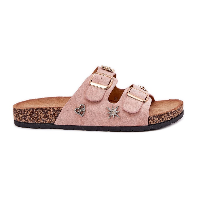 Kvinnors flip flops på en korksula med klämmor och stift av ljusrosa