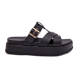 Kvinnors flip flops på plattformen med ränder och klämma svart